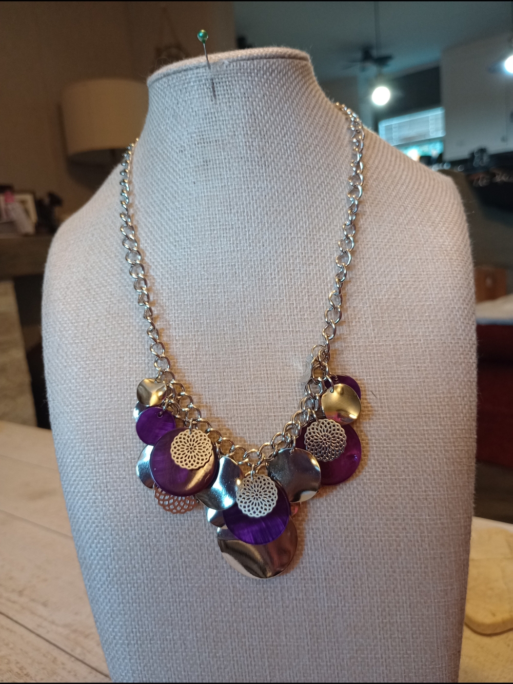 Women's Silver-tone and Purple Disc Statement Necklace